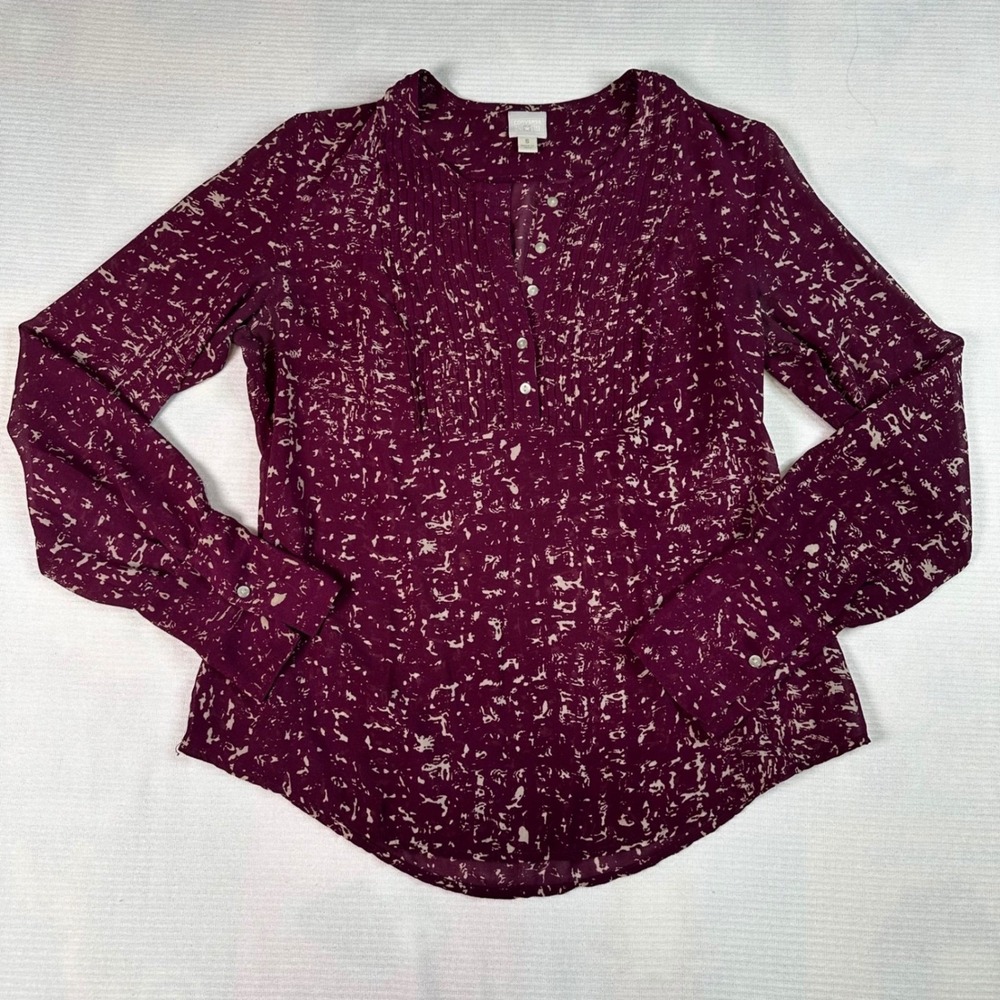 Converse One Star Y2K Burgundy Abstract Print Pleated Button Front Blouse Top S